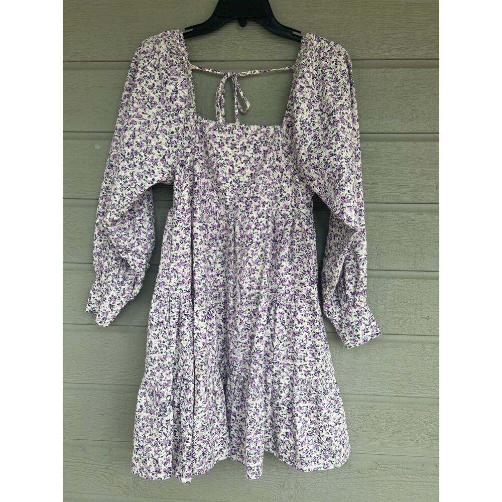 Storia Dee Dee Womens Purple Embroidered Floral Dress Square Tiered Size Small